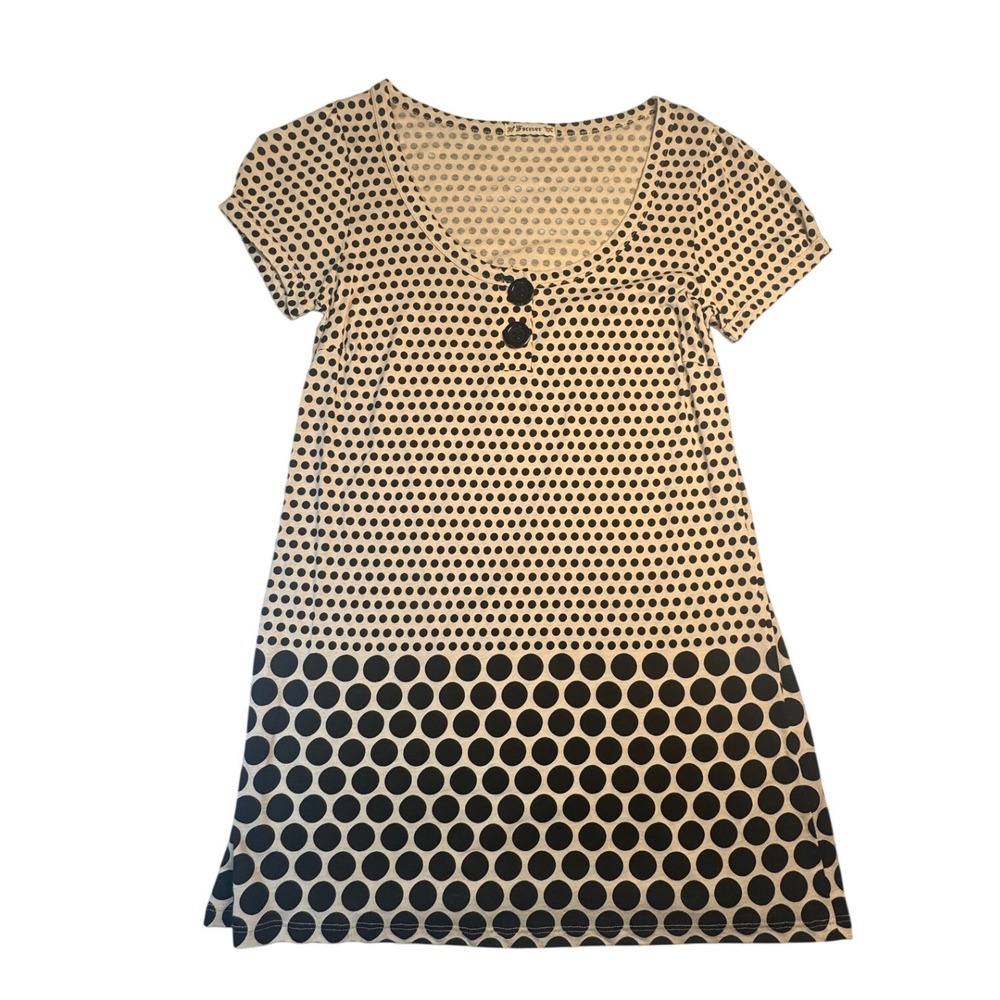 Forever 21 Polka Dot Tunic Top Womens Large Cream Black Retro Short Sleeve Y2K